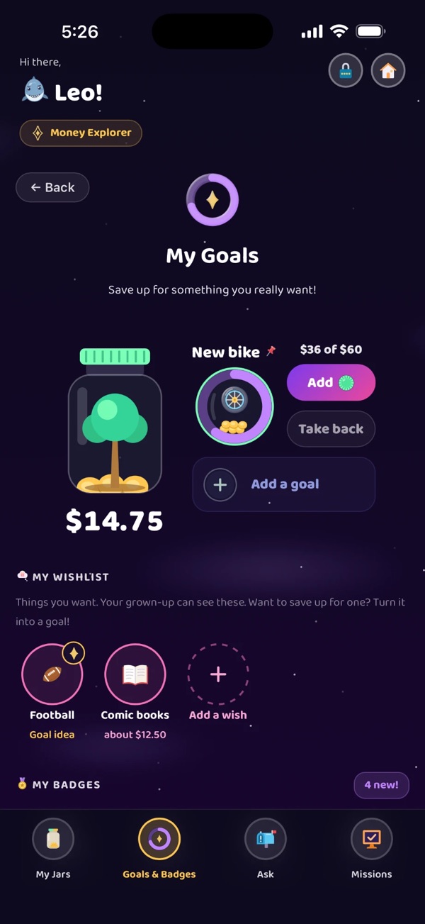 Leo's goals in LumiJar, each filling as he saves
